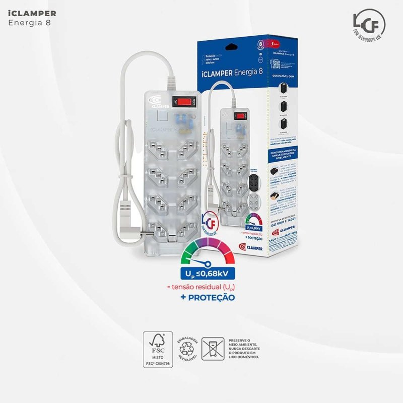 CLAMPER Filtro de Linha iCLAMPER Energia 8 - 8 Tomadas 3 Pinos - Proteção DPS