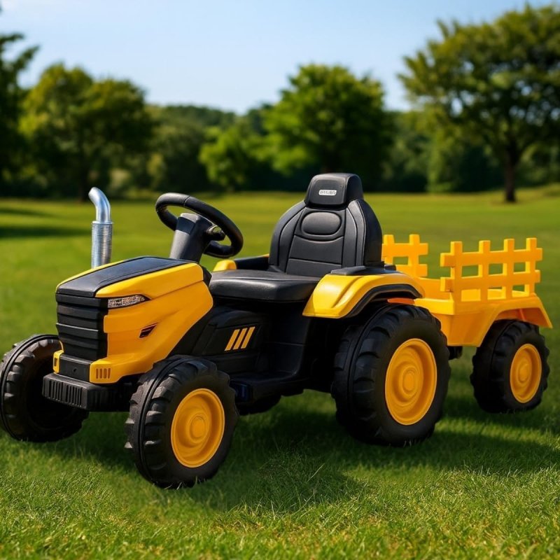 Trator Elétrico Infantil 12V Controle Remoto Som Luz e Carreta (Amarelo)