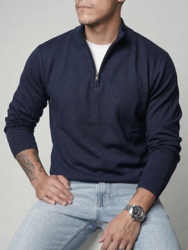 Suéter Masculino Zíper Elegante Gola Alta Inverno Old Money