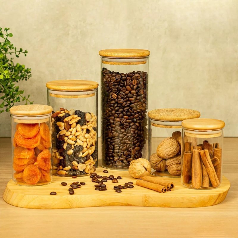 Kit 5 Potes Herméticos de Vidro com Tampa de Bambu