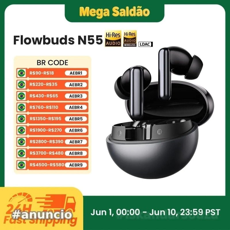 Fones de Ouvido Sem Fio HAYLOU Flowbuds N55 com ANC Adaptativo