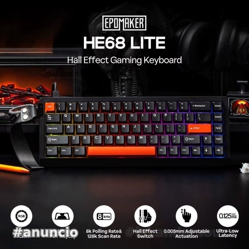 Epomaker HE68 Lite, Teclado Magnético 65%, RGB com Fio, HE 68 Lite 68Lite