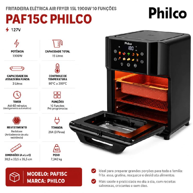 Air Fryer Fritadeira 15l 10 Funções 1900w Paf15c 127v Philco