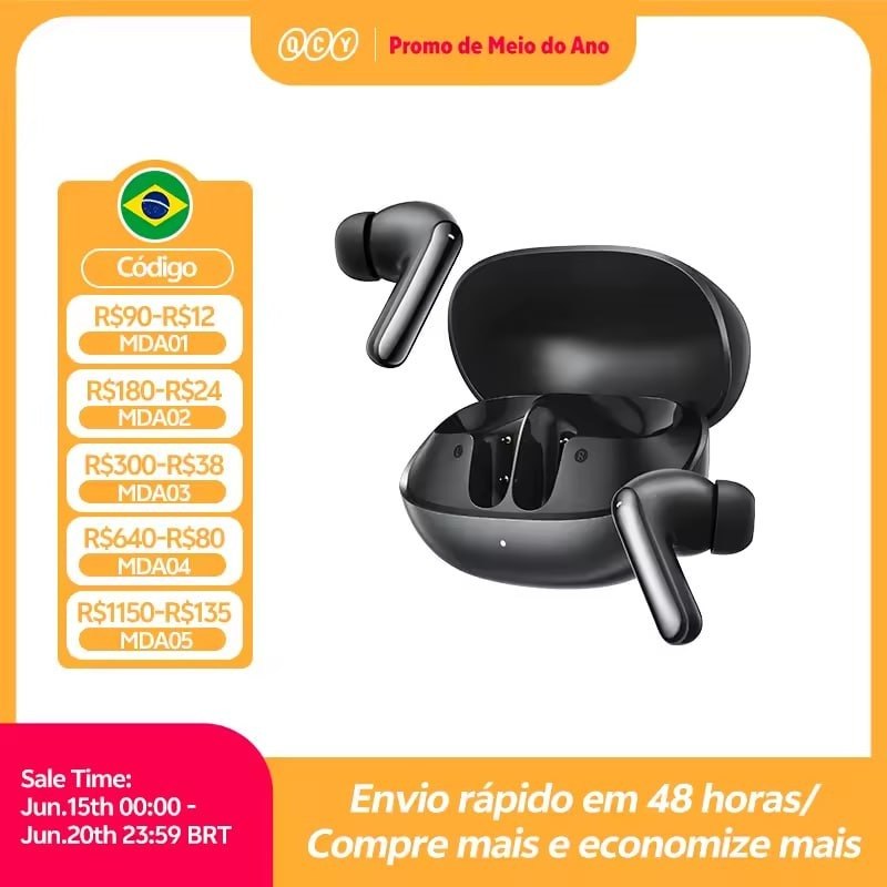 QCY MeloBuds N20 Bluetooth 6.0 com ANC Adaptativo -50dB, Drivers 13mm, 6 Microfones e Chamadas HD