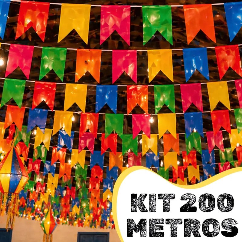 Kit 200m Bandeirinhas Festa Junina em Plástico Resistente