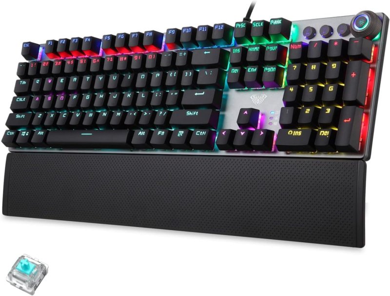 Teclado Mecânico Verdadeiro com Fio LED Arco-Íris Retroiluminado