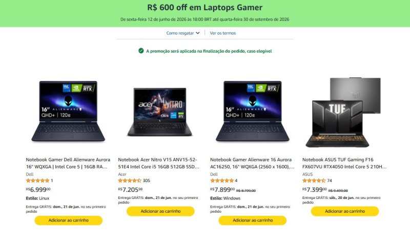 Notebook com desconto na Amazon