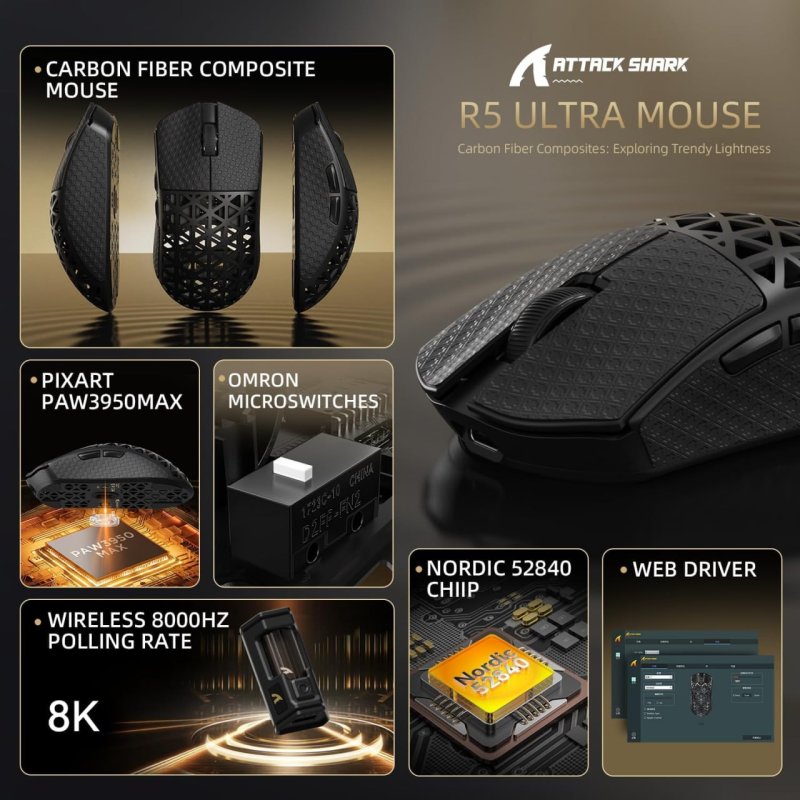 Mouse Gamer Sem Fio ATTACK SHARK R5 Ultra Fibra de Carbono, 8K, Sensor PAW3950 MAX, 39g