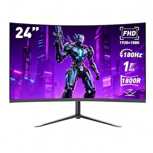 Monitor Gamer Curvo de 24 Polegadas com FHD 1080p, 180 Hz, 1 ms, Ultrafino, Alto-falantes, VESA e G-SYNC