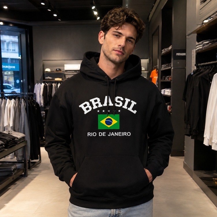 Blusa De Frio Moletom Estampado Com Capuz E Bolso Canguru