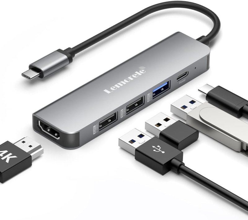 Lemorele USB C Hub com HDMI 4K, PD 100W Carregador Rápido, Adaptador Dock Station 5 em 1 para Notebook