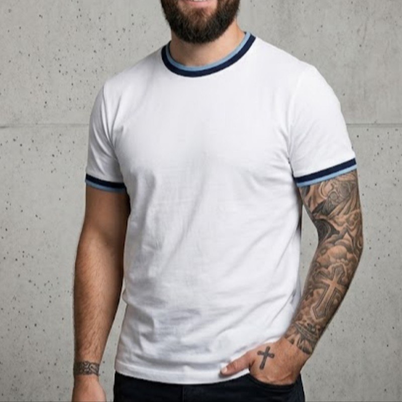 Camiseta Dudalina Masculina Cotton Blue Listra Off White