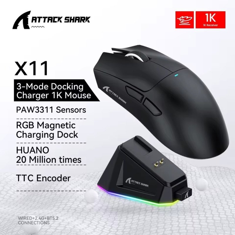 Mouse Attack Shark X11 com Dock Sem Fio 22000 DPI Bluetooth USB PAW3311