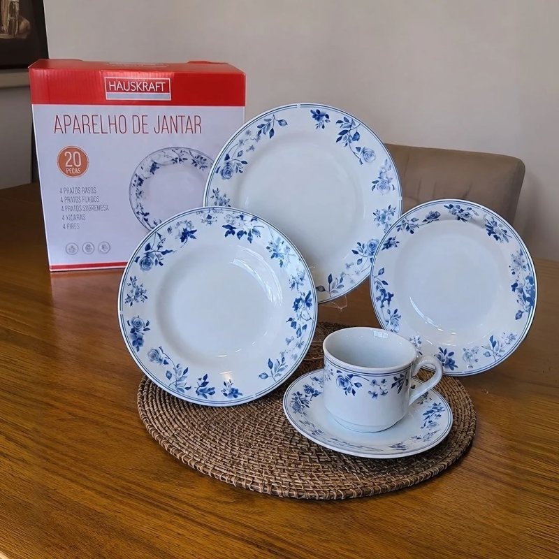 Jogo Aparelho de Jantar Mayara em Porcelana 20 Peças Cor Branco e Azul
