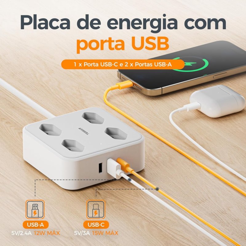 TESSAN Filtro de Linha, Extensão Tomada, Régua Tomada, 4 Tomadas, 2 Interfaces USB, 1 Porta USB Tipo-C