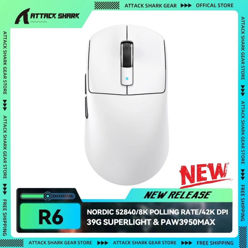 Mouse ATTACK SHARK R6 sem fio Ultralight 39g 8K, sensor PAW3950MAX, Nordic 52840, 42K DPI
