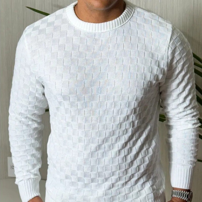 Suéter Masculino Lã Tricot Manga Longa Xadrez Blusa De Frio