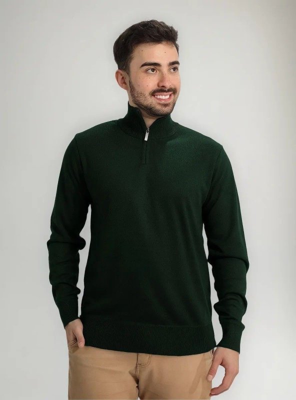 Suéter Masculino Anistia Malha Tricot Gola Alta Meio Zíper