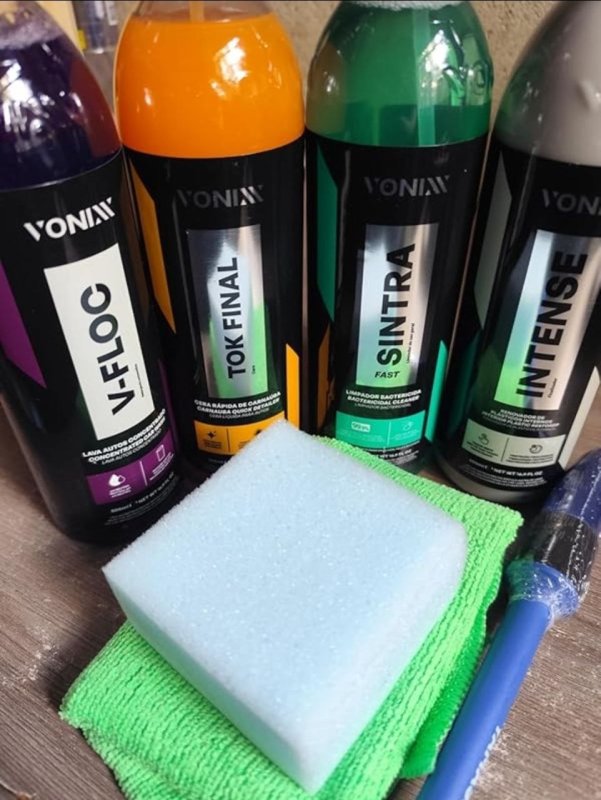 Limpeza Automotiva Completa com Shampoo V-floc, Revitalizador Intense, Cera Tok, Final Limpador Sintra, Fast Pano Vonixx