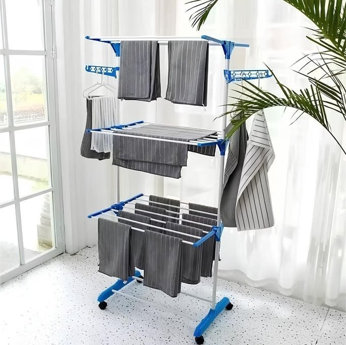 Varal De Chão Grande De Roupas 3 Andares Dobrável Cor Azul Kontuz 170 cm