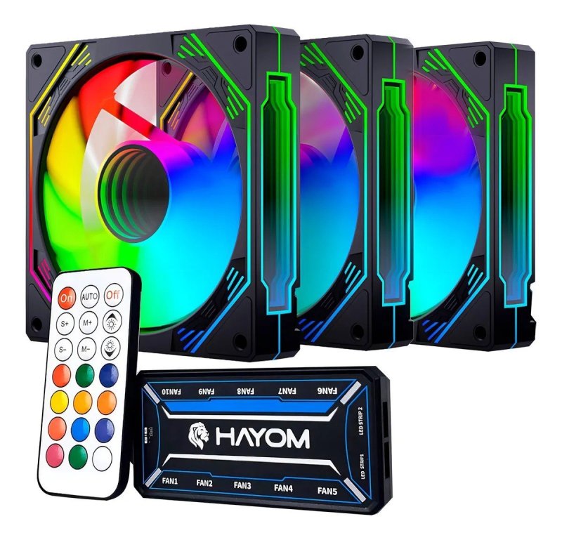 Kit 3 Coolers Rgb Hayom, 120mm, Controladora, Preto, Fc1308