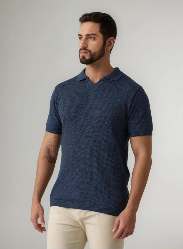 Camisa Polo Tricot Masculina Texturizada Decote V Opus