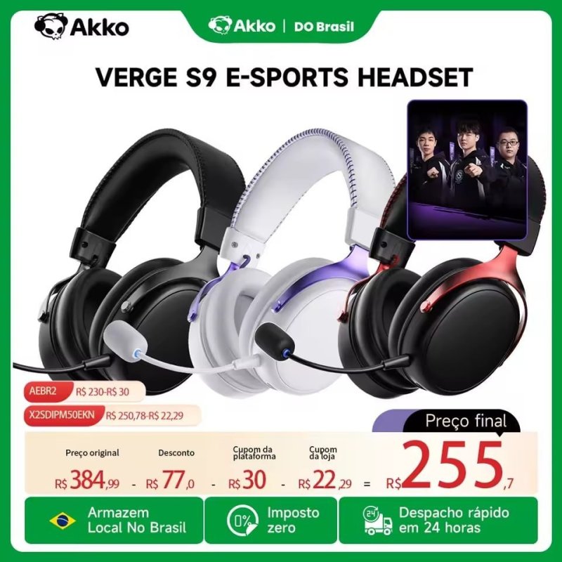 AKKO Verge S9 Ultra Headset Gamer Sem Fio Bluetooth 5.4/2.4GHz USB-C, Quad-Mode, Som Surround 7.1, Drivers 53mm, Baixa Latência, Bateria 250h