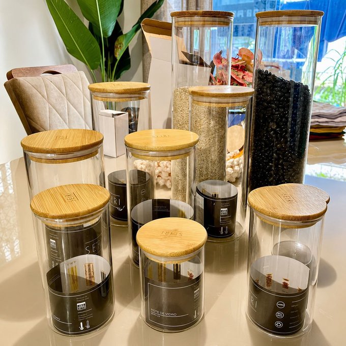 Kit 10 Potes Herméticos Vidro Tampa Bambu Para Mantimentos Cozinha