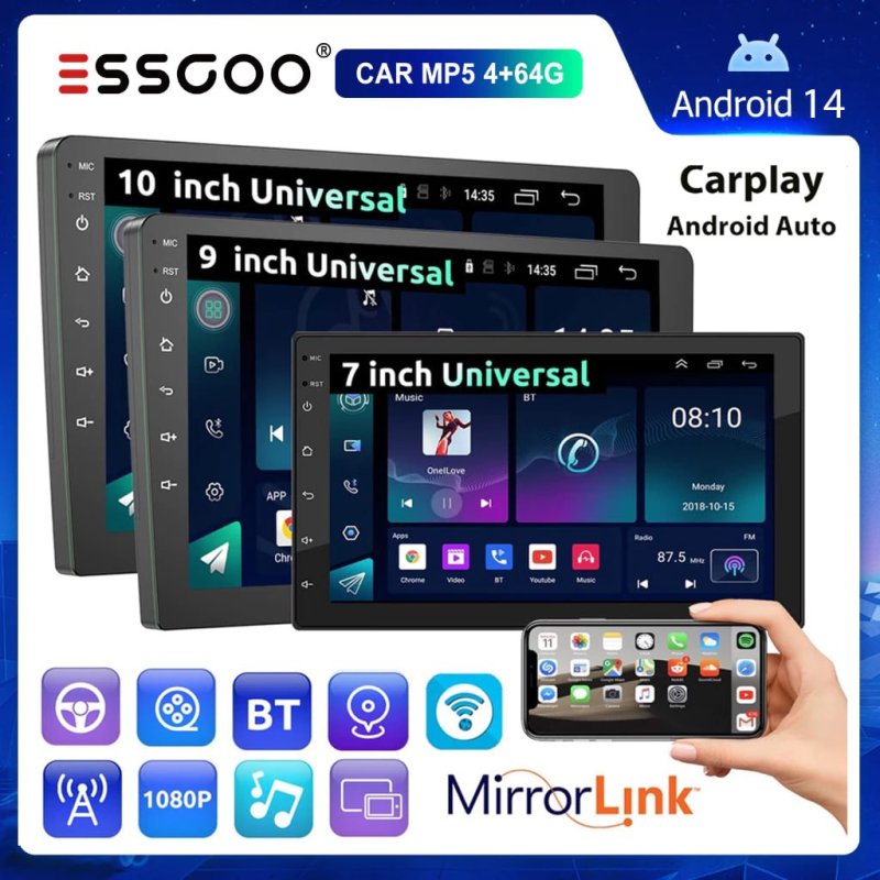 Central Multimídia ESSGOO Android 2 DIN com CarPlay, Bluetooth e Tela Touch