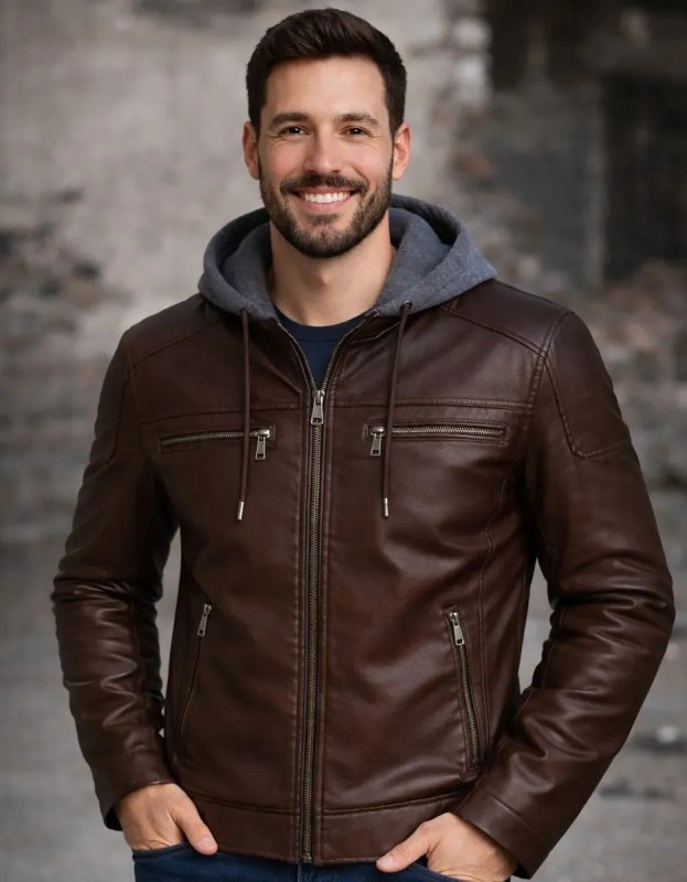 Jaqueta De Couro Masculina Preta Marrom Motoqueiro Com Capuz