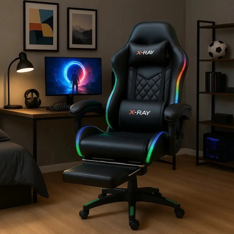 Cadeira Gamer X-ray Fit - LED RGB Ergonômica Couro Sintético Preto