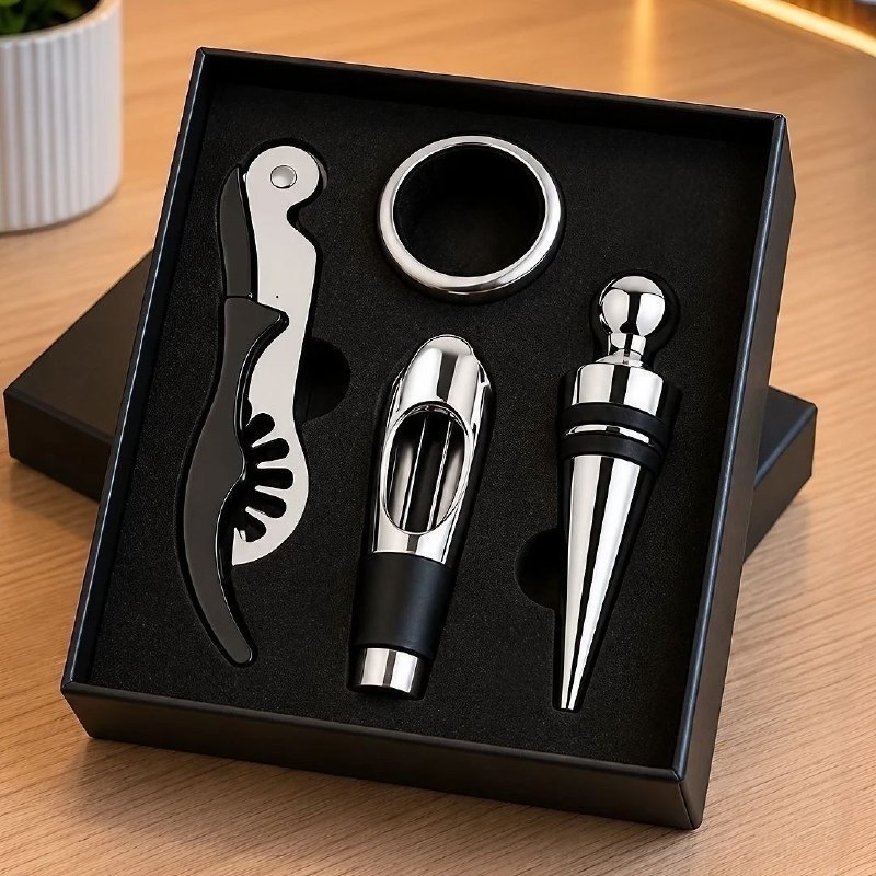 Kit Vinho 4 Peças Aço Inox Vbs Brasil Abridor Garrafa Manual Tipo Saca Rolhas Bico Dosador Tampa Anel