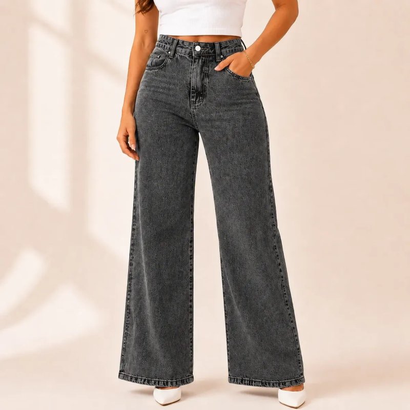 Calça Jeans Pantalona Wide Leg Feminina Cintura Alta