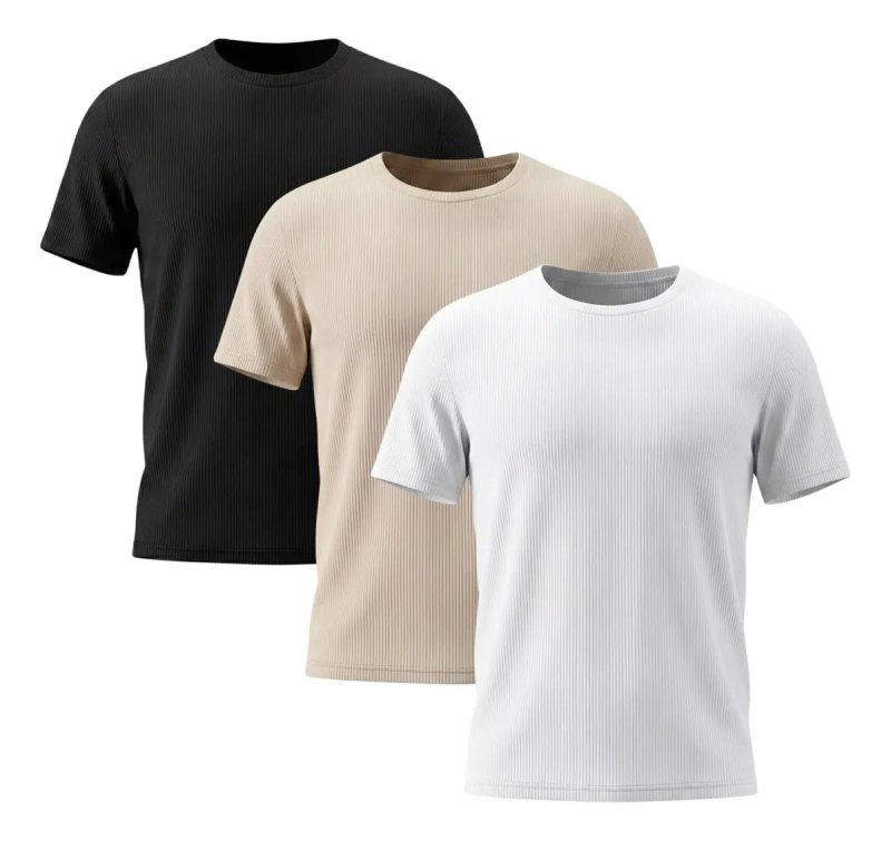 Kit 3 Camisetas Canelada Gola Careca