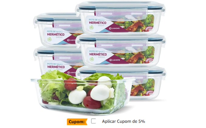 Kit 06 Potes Herméticos de Vidro 640ml