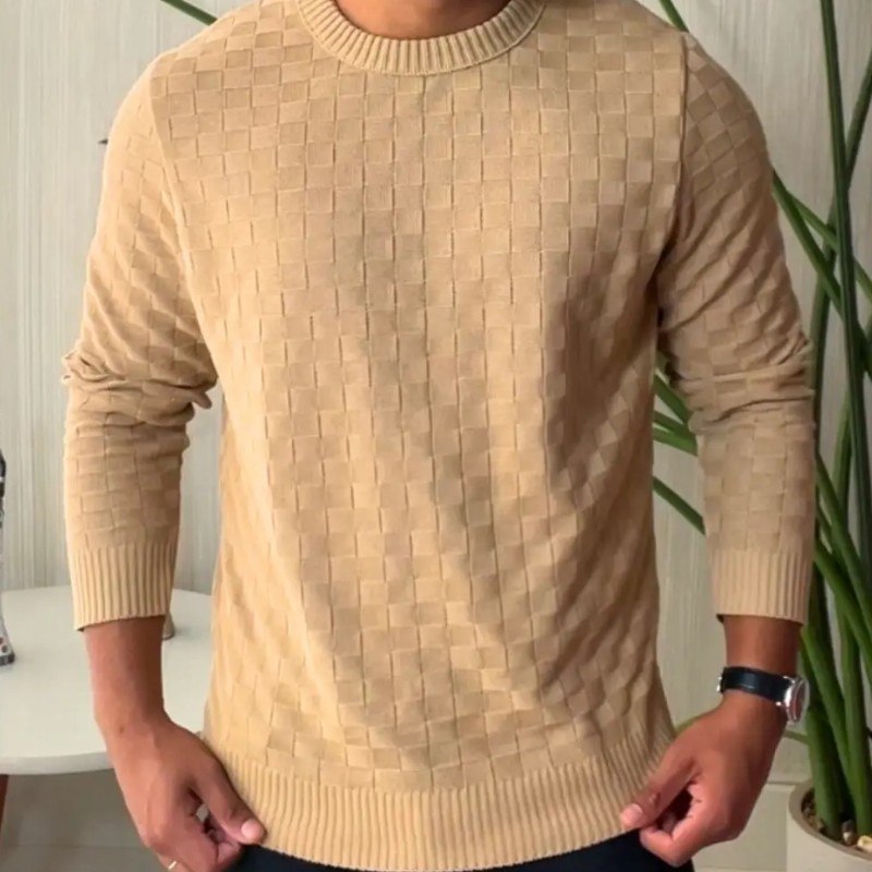 Suéter Masculino Lã Tricot Manga Longa Xadrez Blusa De Frio