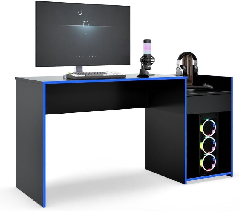 Mesa para Computador Gamer Eros com Gaveta e Nicho – Preto/Azul