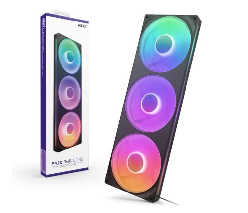Fan Gamer NZXT F420 RGB Core Triplo Preto Corpo Único 3x140mm PWM 2000 RPM 98.61 CFM 3.2 mm H2O Rolamento Fluído Dinâmico RF-U42HF-B1
