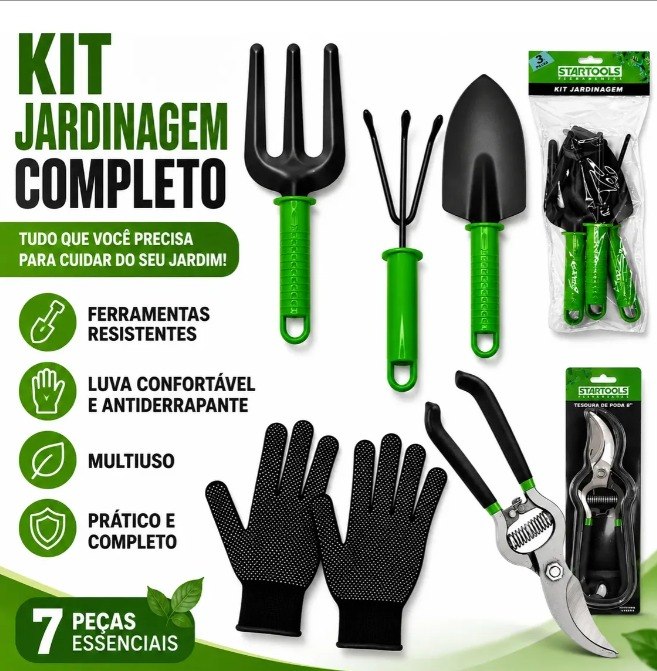 Kit Jogo Jardinagem Jardim Pá Tesoura Poda Luva 5 Peças