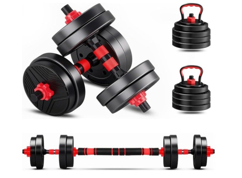 Kit Haltere 6 em 1 Ajustável, 15kg, Preto para Musculação, Multifuncional com Barra e Kettlebell