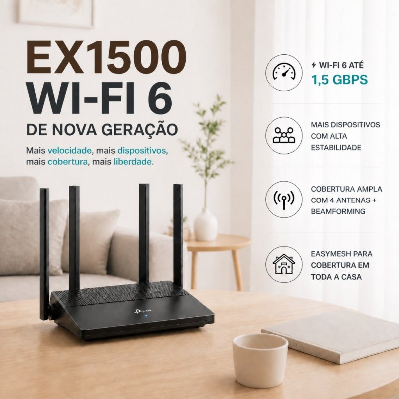 Roteador Wi-Fi 6 AX1500 Dual Band EX1500 TP-Link com 3x porta LAN e 1x porta WAN