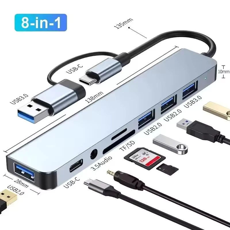 Hub USB Type C 8 Em 1 Com Leitor De Cartão Divisor 3.0 2.0 SD TF Docking Station BOMBOM - 2 unidades