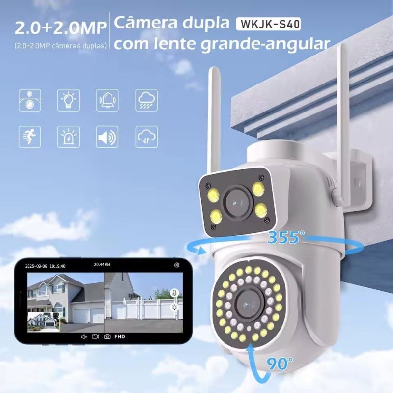 Câmera de Segurança Wi-Fi Dual Lens 2MP Full HD com Visão Noturna, Rastreamento IA, IP66 e Áudio Bidirecional
