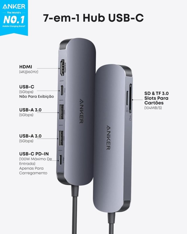 Anker Hub USB-C 7 em 1 - HDMI 4K@60Hz, 85W, 3 Portas USB-A