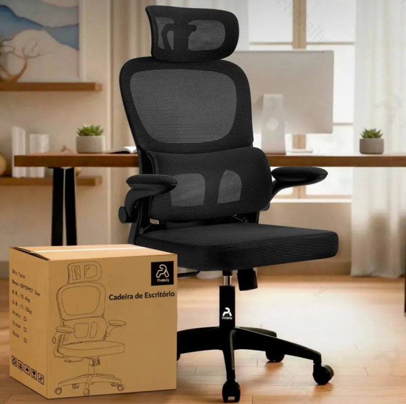 Cadeira de Escritório Ergonômica FivDaily C600 Preta, com Apoio de Cabeça e Suporte Lombar