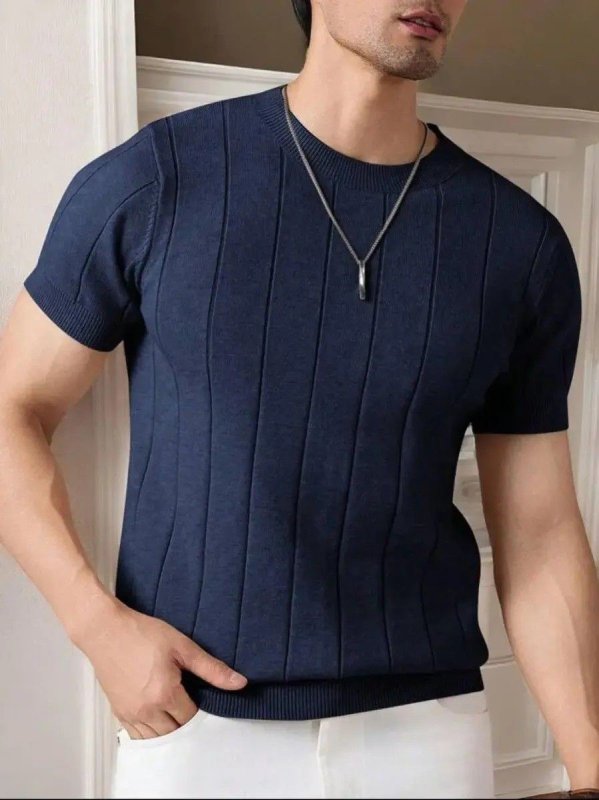 Camiseta Masculina Básica Canelada Manga Curta Tricot Modal