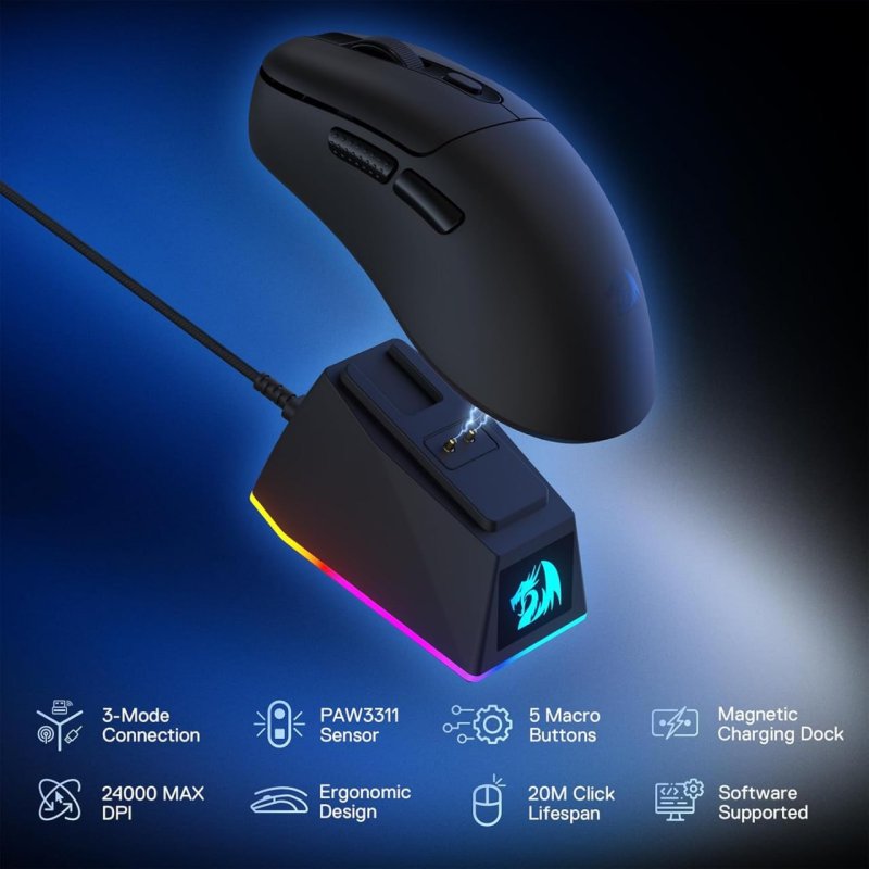 Mouse Gamer Redragon Ebony Standard Preto 24000 DPI com Dock de Carregamento Magnético Tri Mode