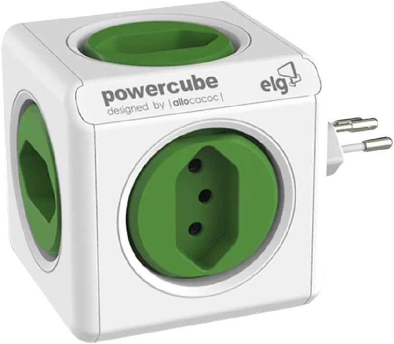 ELG, PWC-R5, PowerCube, Multiplicador 5 Tomadas, Disjuntor Integrado de 10A, Filtro de Linha com Protetor de Surto, Bivolt, Branco e Verde
