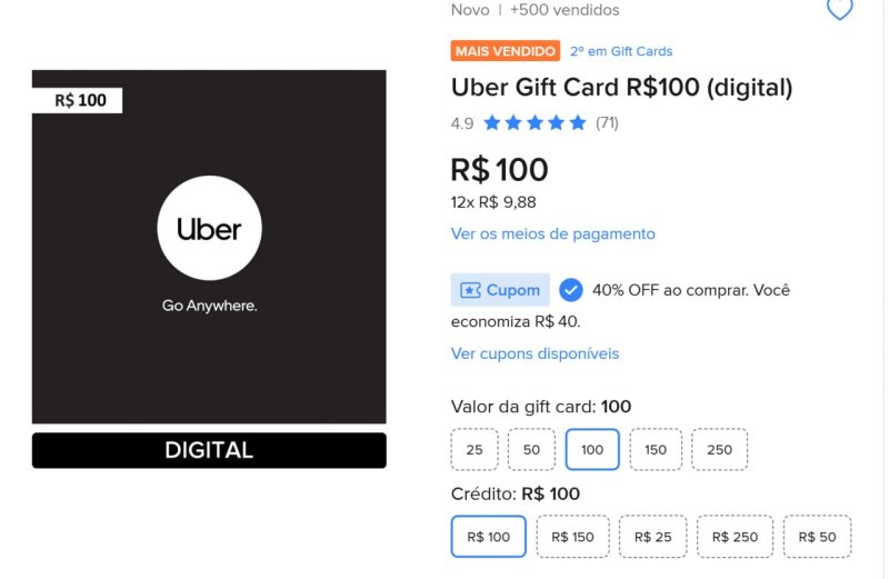 Uber Gift Card R$100 (digital)