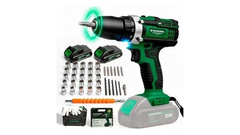 Parafusadeira Furadeira 21v 1300mah Com 2 Baterias Recarregável Sem Fio Maleta Completa Several Importados Verde 127/220v 60